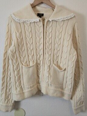 Ontwelfth Cream Cable Knit Zip-Front Sweater with Lace-Trim Collar
